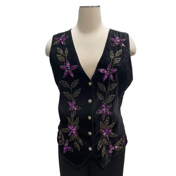 Vintage Jane Ashley Black Velvet Floral Sequin Vest L Boho Chic Festival Holiday - Picture 12 of 12